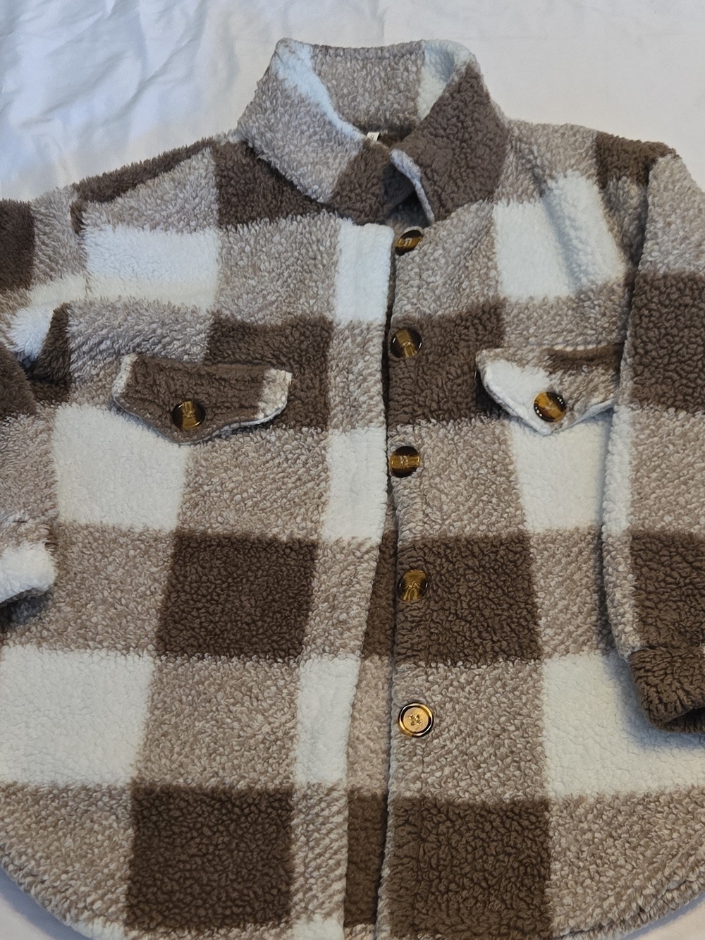 Women's Plaid Button Front Collared Shacket Jacket w/ Pockets Brown White S